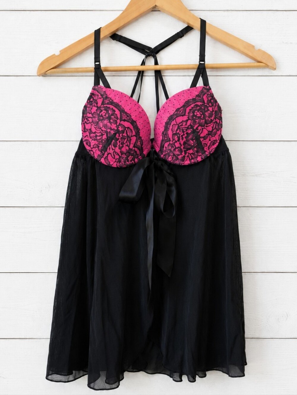 Secret Treasures Black & Hot Pink Lace Babydoll Chemise Size S